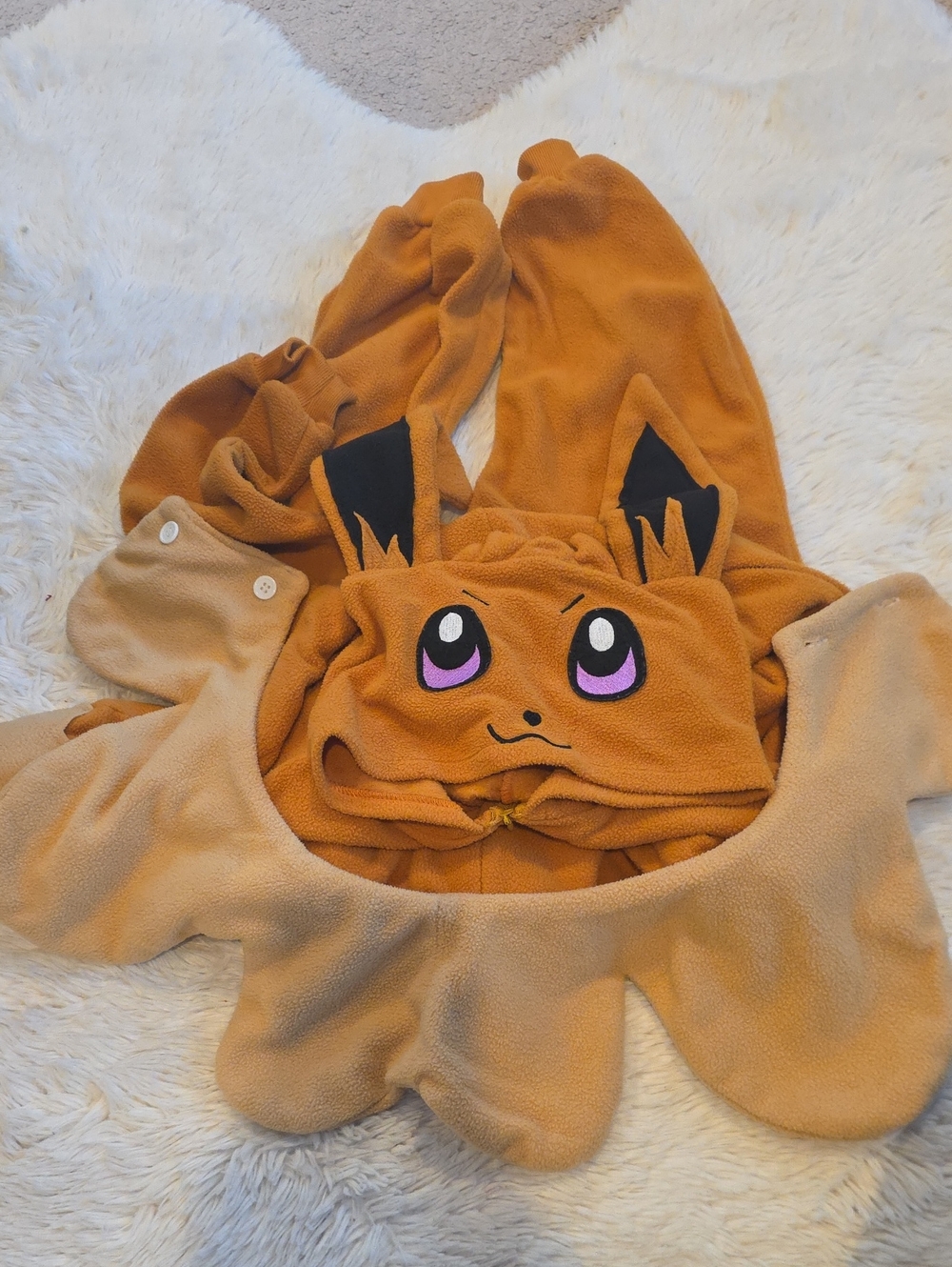 Kids Sz 130 Eevee-Inspired One-Piece Hooded Fleece Jumpsuit - Orange